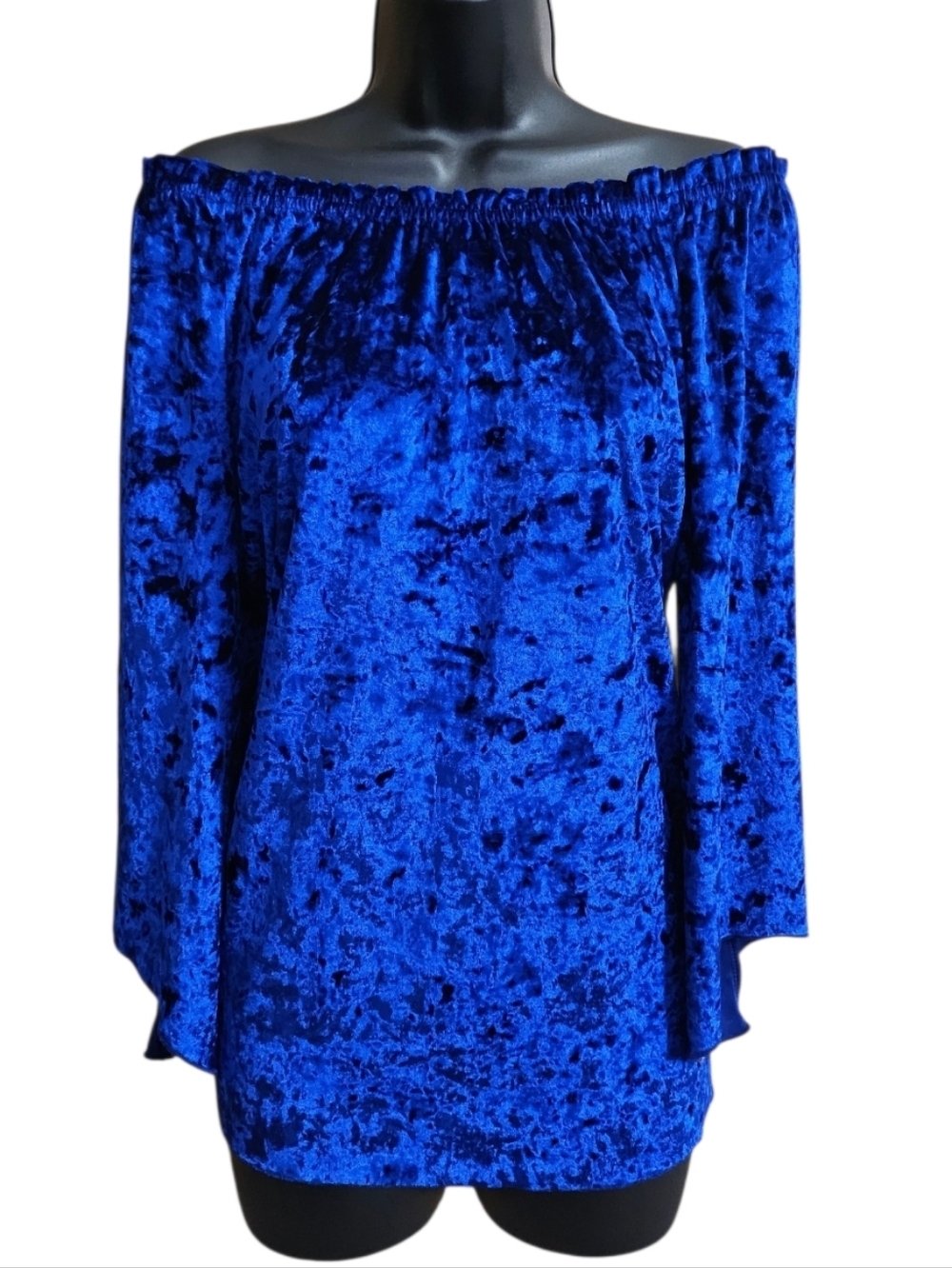 Slinky Brand MD Royal Blue Crushed Velvet Tunic Top With Bell Sleeves